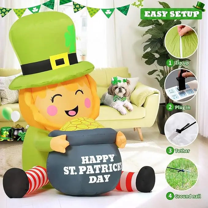 GOOSH 5 FT St Patricks Day Inflatables Outdoor Decorations Blow Up Yard Giant Leprechaun with Gold Coin Pot with Built-in LEDs