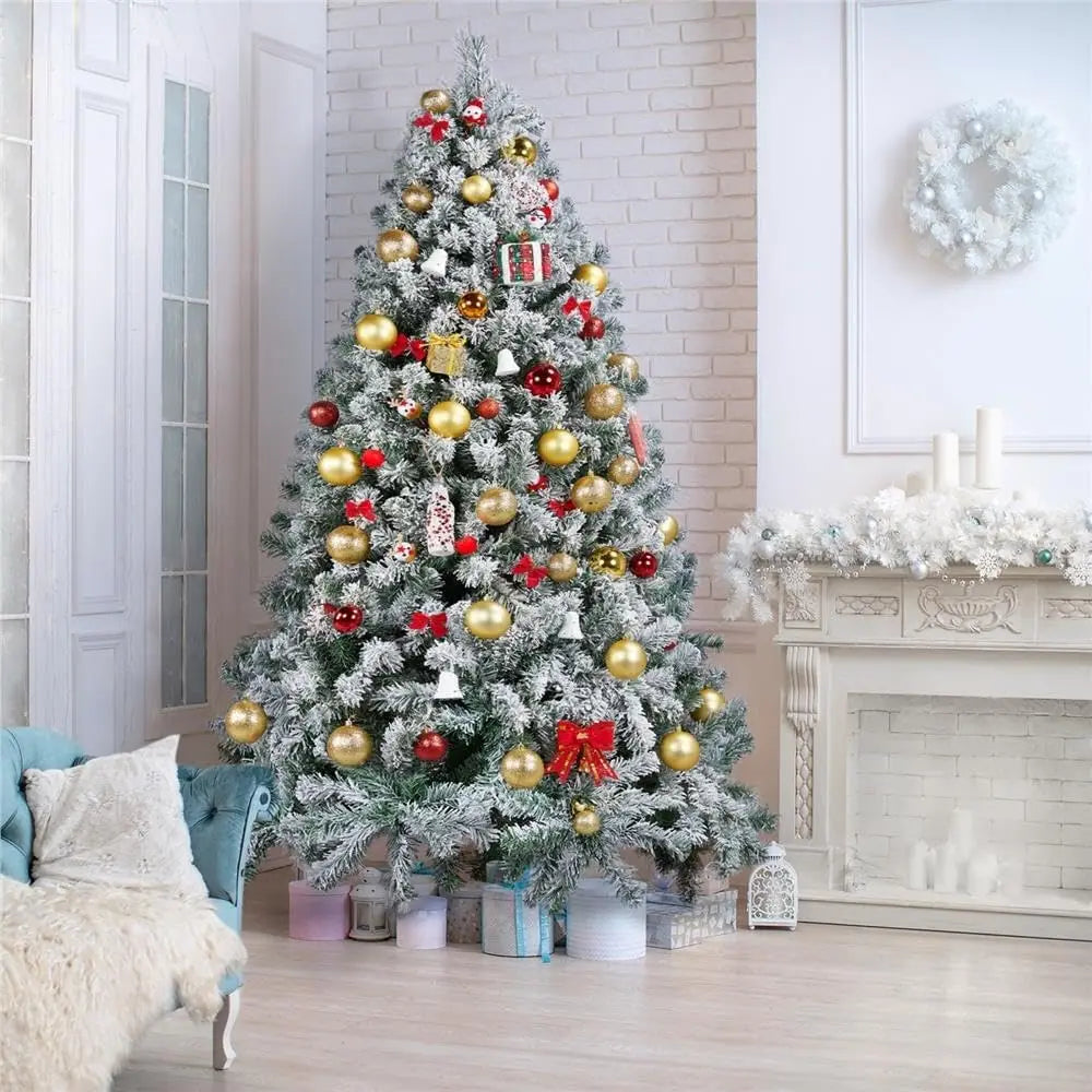7ft Artificial Christmas Tree with Snow Flocked Xmas Tree W/1000 Branch Tips, Foldable Metal Stand, Green & White