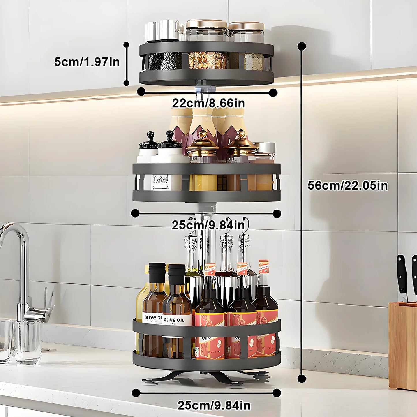 3 Tier Turntable Spice Rack,Metal Roating Spice & Medicine Turntable Organizer, Spice Organization for Kitchen Countertop