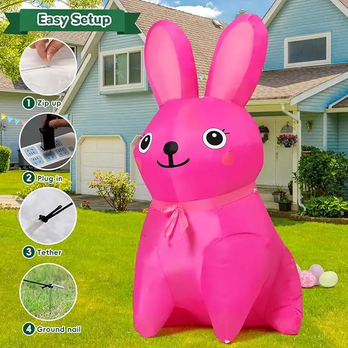 GOOSH 5 FT Easter Inflatables Bunny Outdoor Decorations Blow Up Yard Cute Pink Rabbit for Garden Lawn Indoor Decor