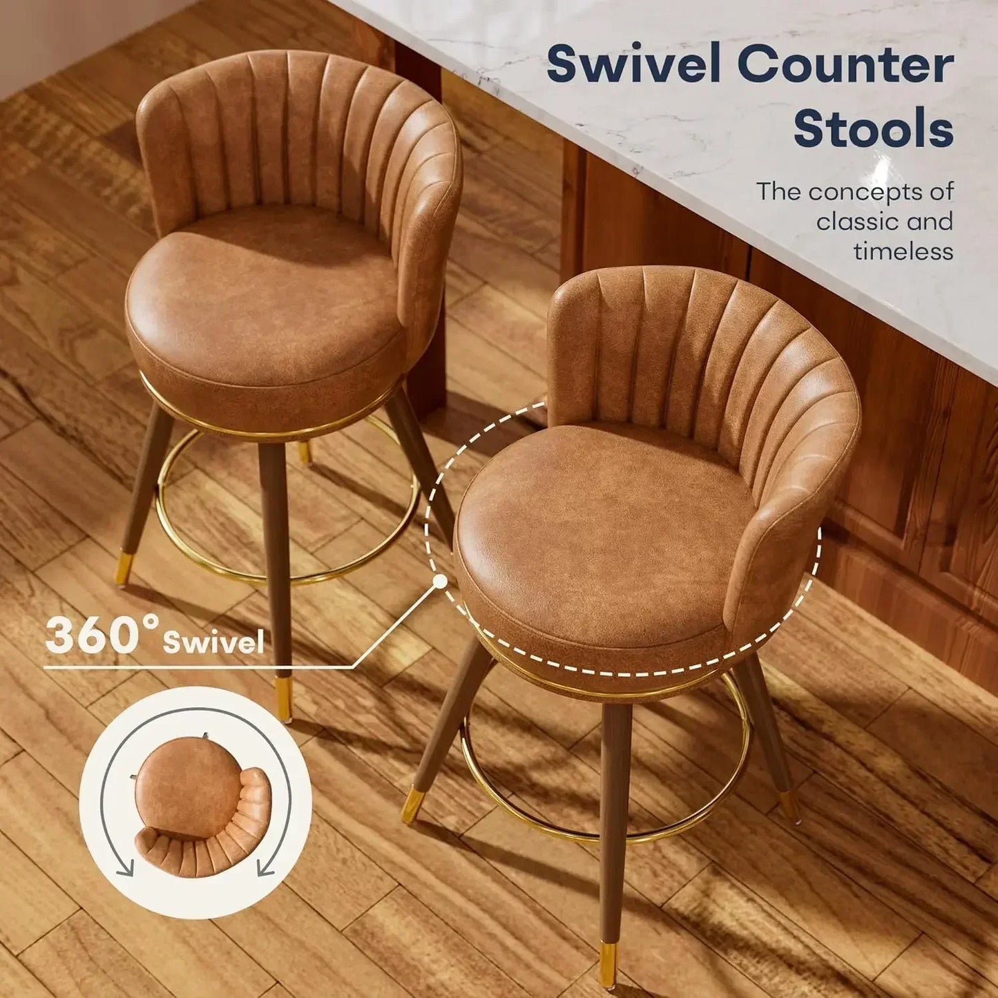 XMSJ.Counter Height Bar Stools Set of 4, Swivel Bar Stools with Back, 24" H Seat Height Upholstered Counter Stools with Wood Leg