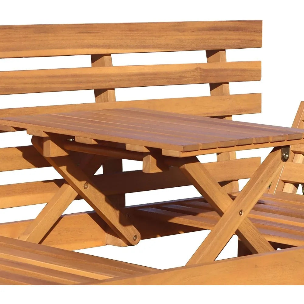 Outdoor Acacia Wood Patio 3 Seat Lounge with Fold Down Center Table - Weather Resistant Ourdoor Furniture with Wooden Frame Stru