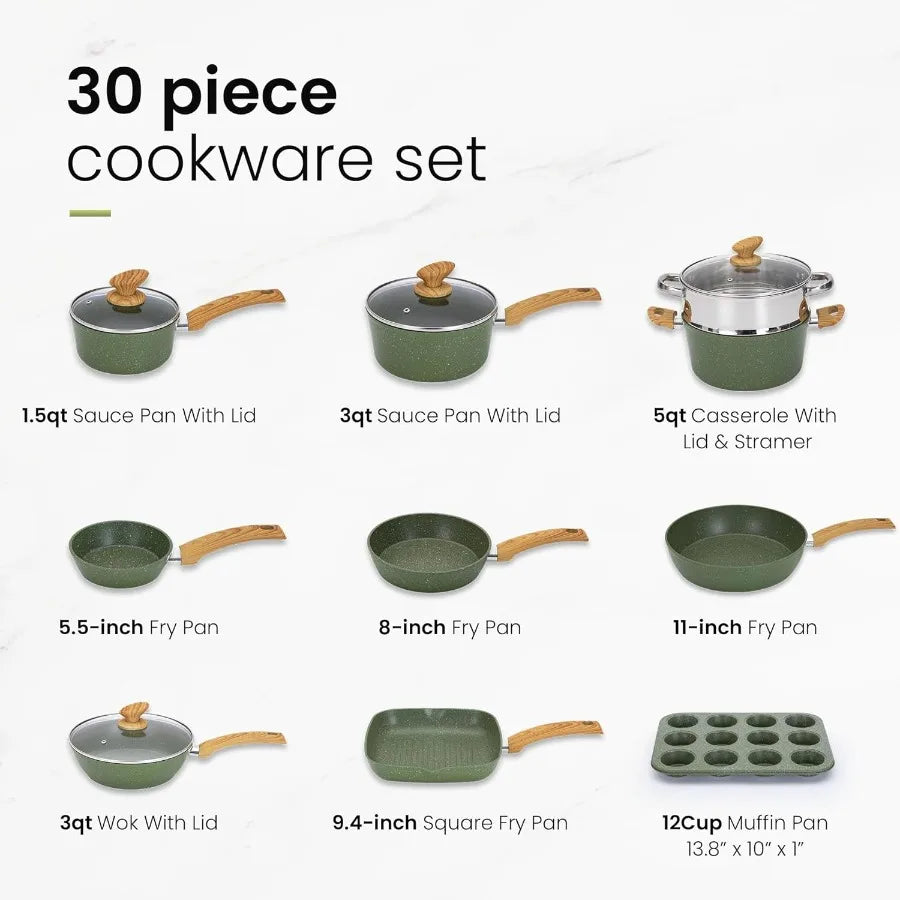 30Piece Nonstick InductionCompatible Kitchen Cookware and Bakeware Set with Green Granite Coating for Efficient and Durable Coo
