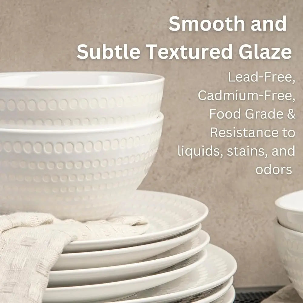 Ceramic Dinnerware Set Serive For 4 (12 Pieces), Stoneware Plates And Bowls For Dining Pearl White Dishes Set With Dotdot