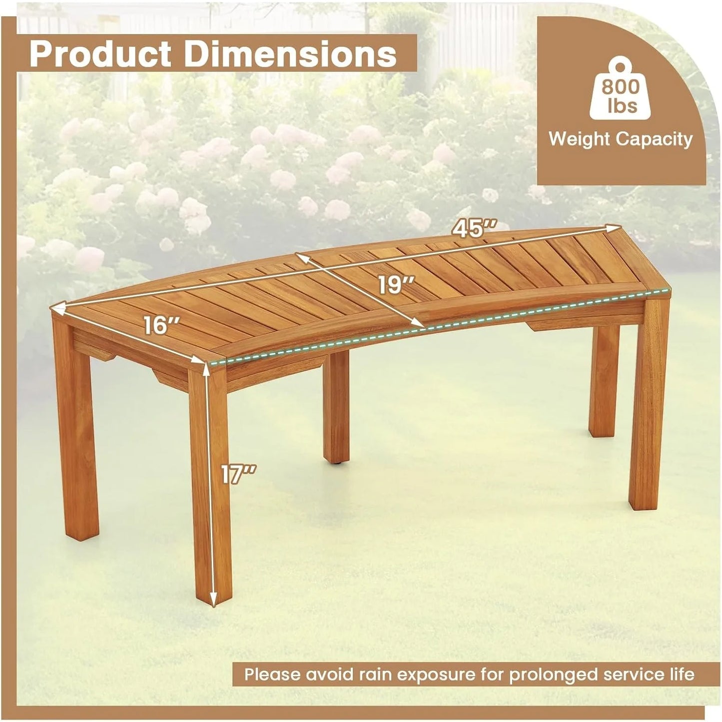 Outdoor Acacia Wood Curved Garden Bench, 2-Person Patio Backless Tree Bench with 800 LBS Capacity, Fire Pit Bench