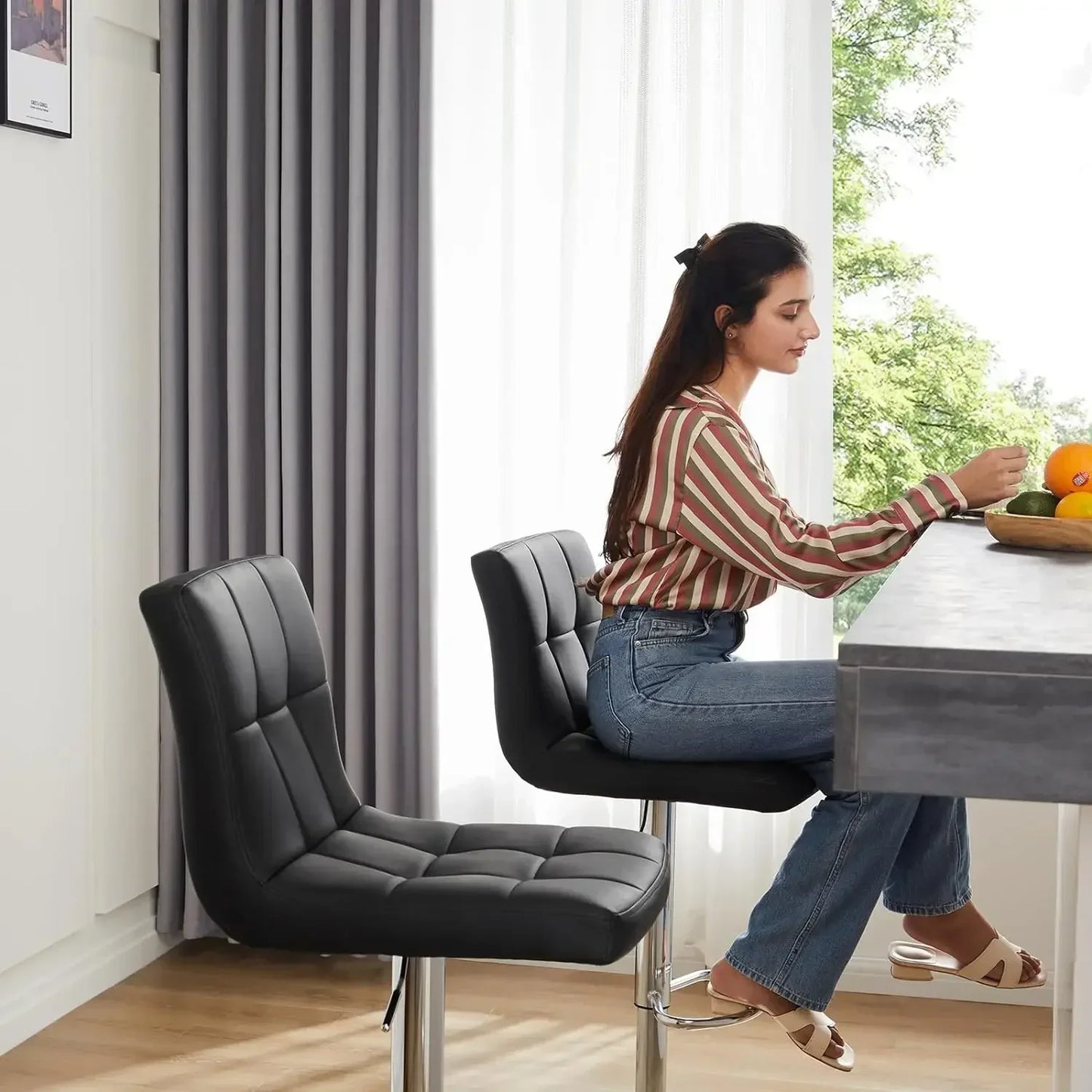 XMSJ.Bar Stools Set of 2, Armless Adjustable Swivel Barstools, PU Leather Hydraulic Kitchen Counter Height Bar Stools, Black