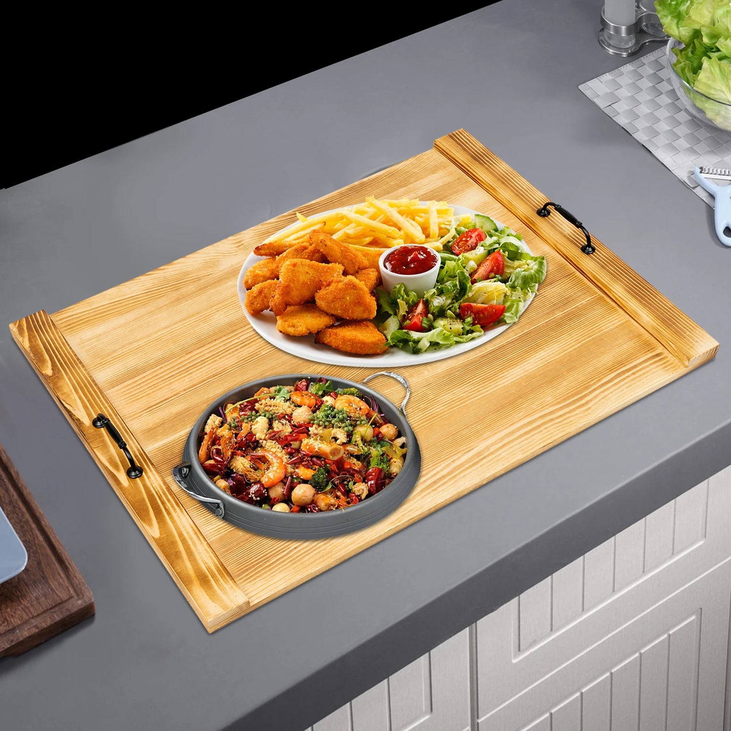 Kitchen Rectangular Panel Wooden Decorative Stove Top, Lightweight with Handle, Kitchen Serving Tray, Wood Color