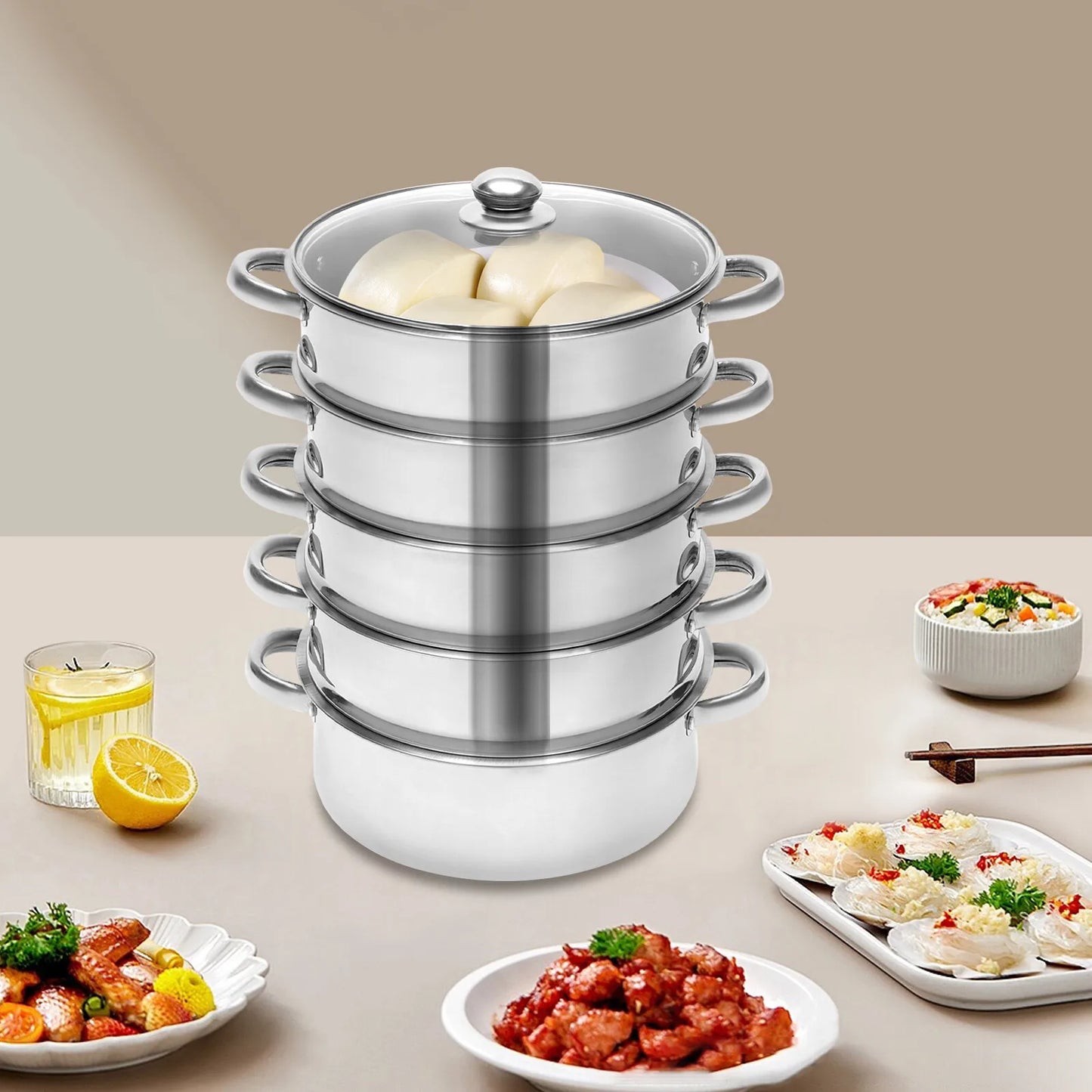 5 Tier Stainless Steel Steamer Cooker Steam Pot Kitchen Food Cooking with Glass Lid