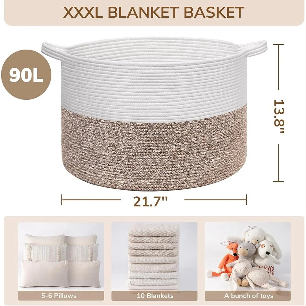 XXXLarge Cotton Rope Storage Basket Woven Laundry Toy Blanket Organizer with Handles Soft Durable Family-Friendly Home Decor