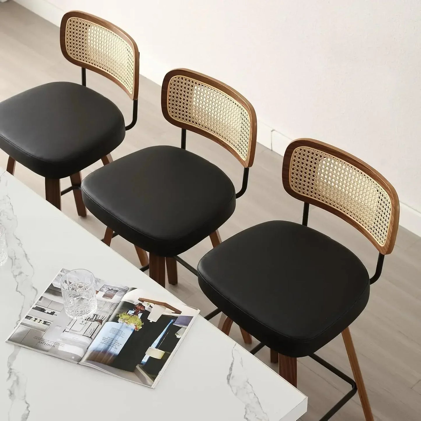 Swivel Counter Height Bar Stools Set of 3,Rattan Back, 26" Seat Chairs for Kitchen Island, Bentwood Wood Frame, Black