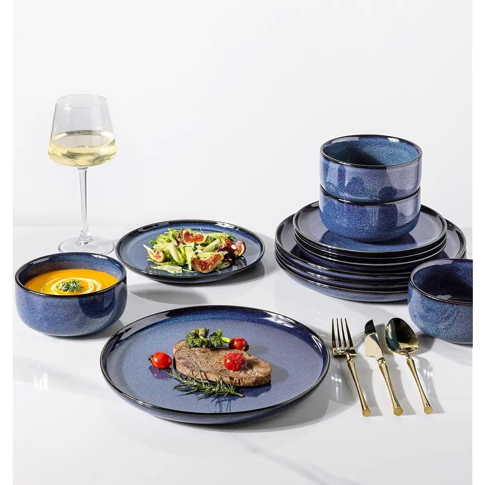 Ceramic Dinnerware Sets For 4, 12 Pieces Handmade Reactive Glaze Plates And Bowls Set, Scratch Resistant Dish Set, Oven &