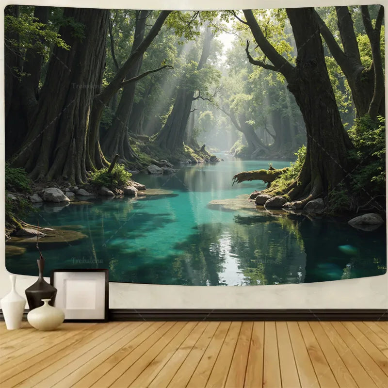 1pc Wall Tapestry "Enchanted Winter Forest Tapestry with Deer and Fox in Snowy Scene"