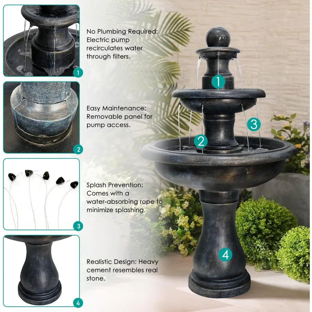 45.2" High 3-tiers Modern Concrete Outdoor Water Fountain - Round Large Outdoor Fountains And Waterfalls For Garden,