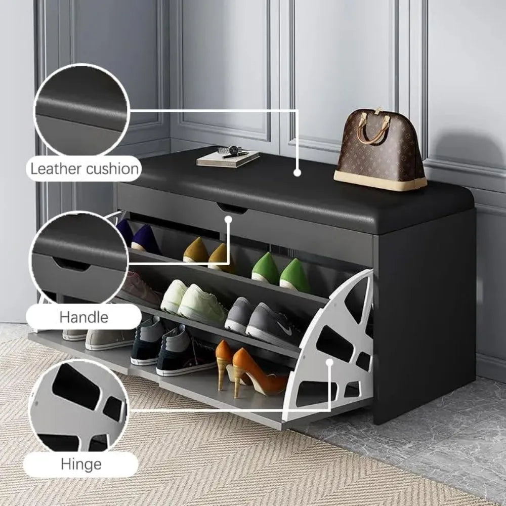 "Entryway Shoe Bench with 3-Tier Rack | Sitting Stool Cabinet for Shoe Storage | Multi-Function Wooden Organizer"