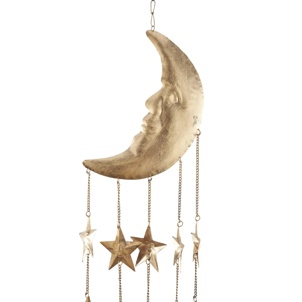 Gold Metal Windchime Bell with Moon Stars Sun Beads Indoor Hanging Decor 39 Inch Eclectic Gift Home Accent