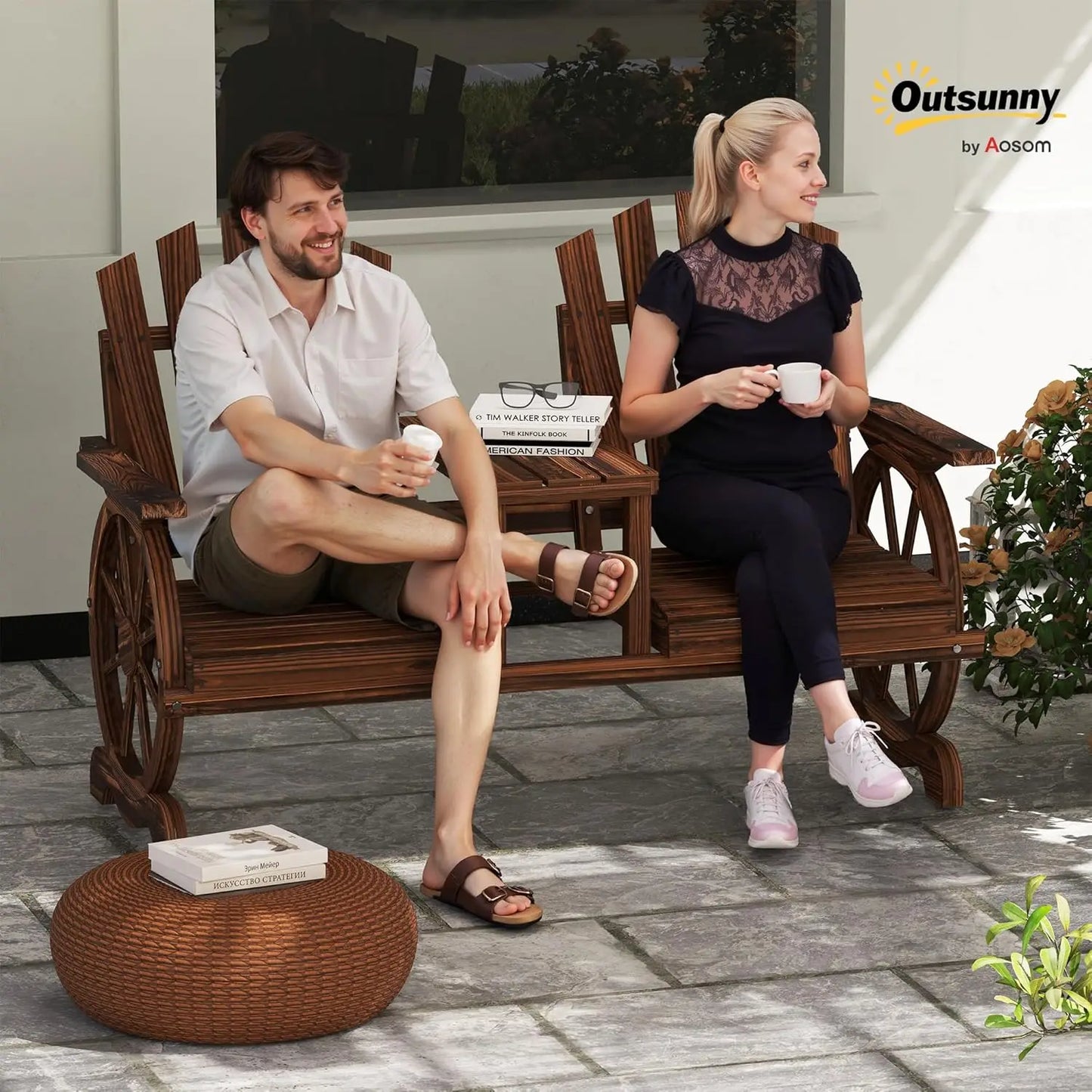 Wooden Garden Bench with Table, Umbrella Hole, 2-Seat Wagon Wheel Outdoor Bench with Slatted Seat, High Backrest, Armrests