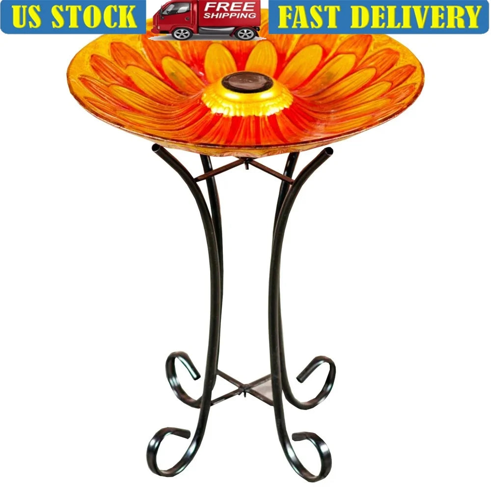 Solar Powered Floral Glass Bird Bath with Stand Eco-Friendly Outdoor Decor Durable Material Attracts Backyard Birds Illuminated