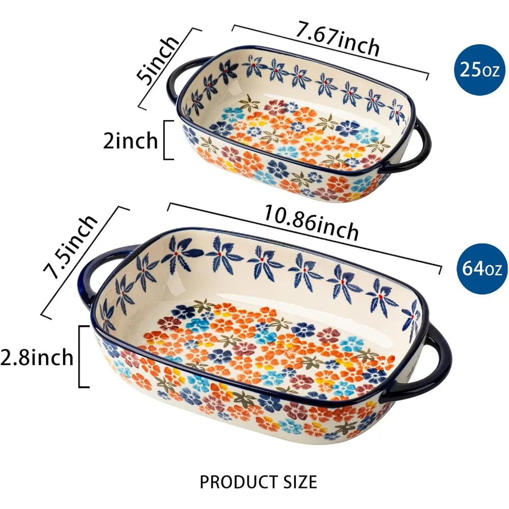 Vintage-Inspired Rectangular Ceramic Baking Dish Set, 2-Piece Handcrafted Porcelain Bakeware with Floral Pattern
