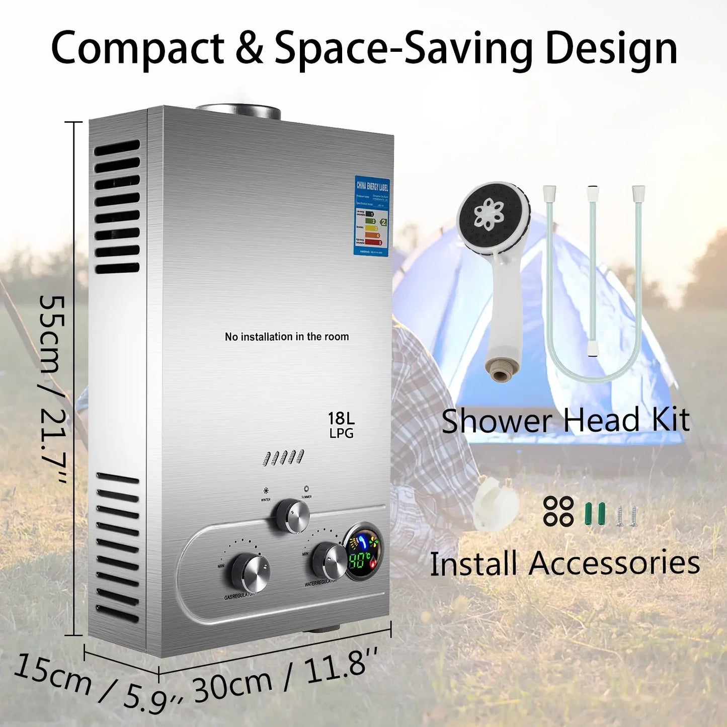 VEVOR Gas Water Heater LPG Hot Water Heater Stainless Steel Tankless Propane Gas LPG Boiler Home Appliance 6L-18L