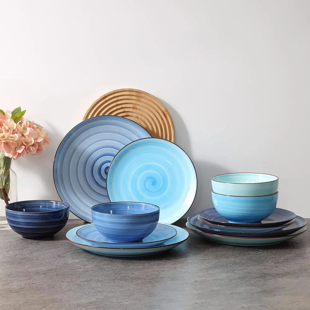 Ceramic Dinnerware Sets, 12 Pieces Plates And Bowls Sets, Scratch Resistant Dishes Set For 4, Handpainted Swirl Dishware Sets