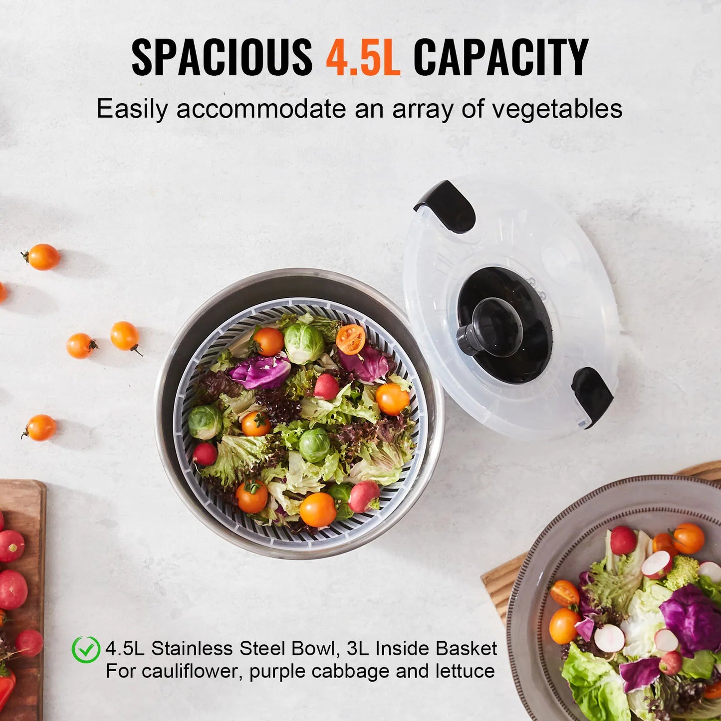 VEVOR Stainless Steel Salad Spinner 4.75Qt One-handed Easy Press Large Vegetable Dryer Washer for Greens Herbs Berries Fruits