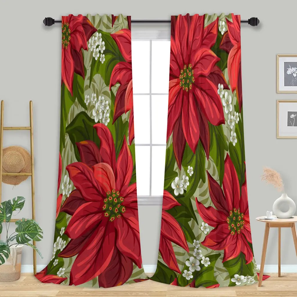 7-Day Delivery Christmas Curtain Red Christmas Wonderful Poinsettia Flower Victorian Pointsetta Rod Pocket Drapes 2 Panels