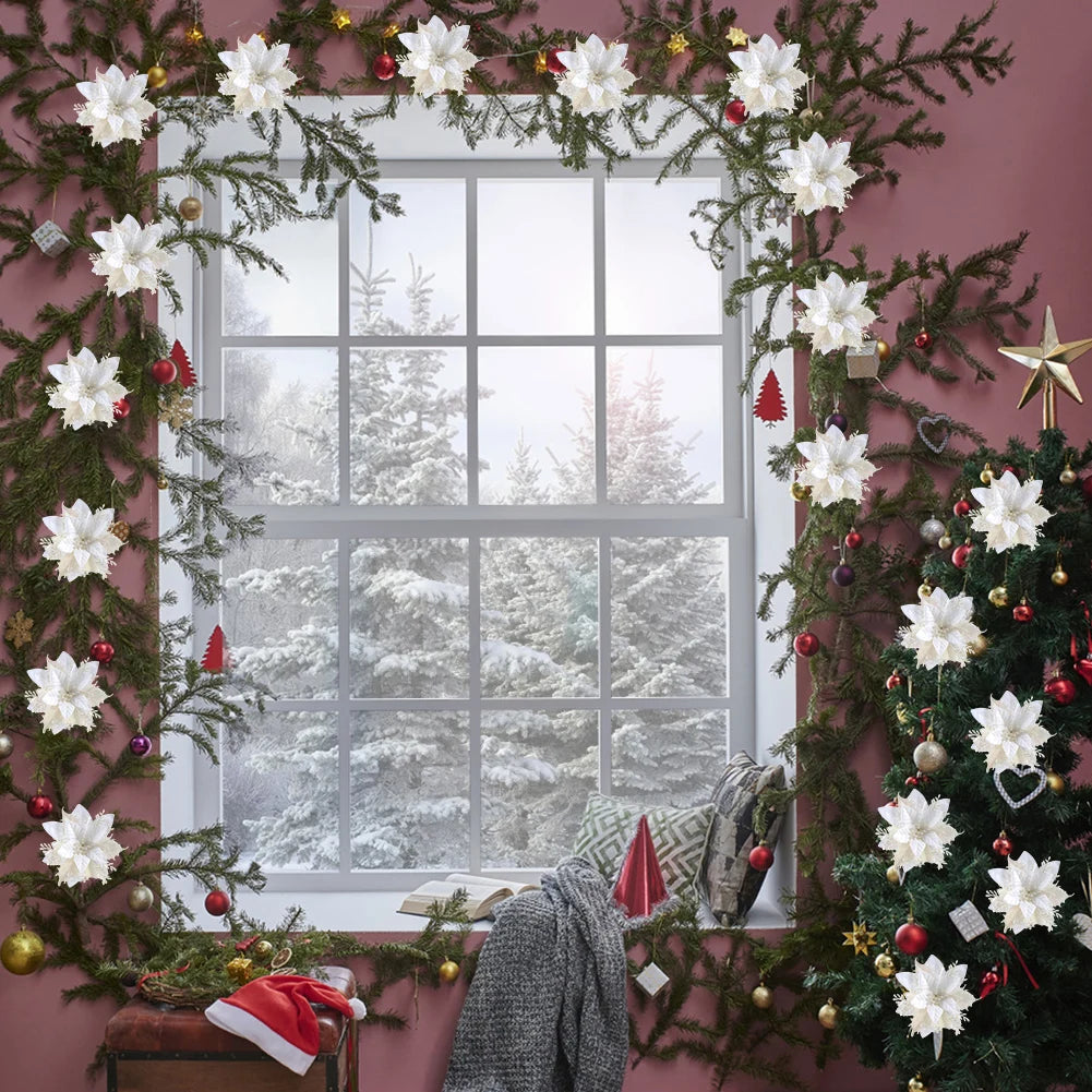 12/24/36Pcs Christmas Glitter Artificial Flowers Decorative Xmas Tree Poinsettia Flower Hanging Ornament for Stairs Window Decor