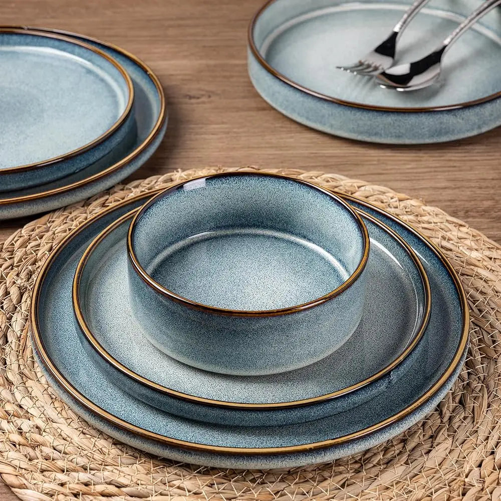 Ceramic Dinnerware Sets For 4, 12 Pieces Stoneware Plates And Bowls Sets, Reactive Glaze Dishes -Scratch Resistant,