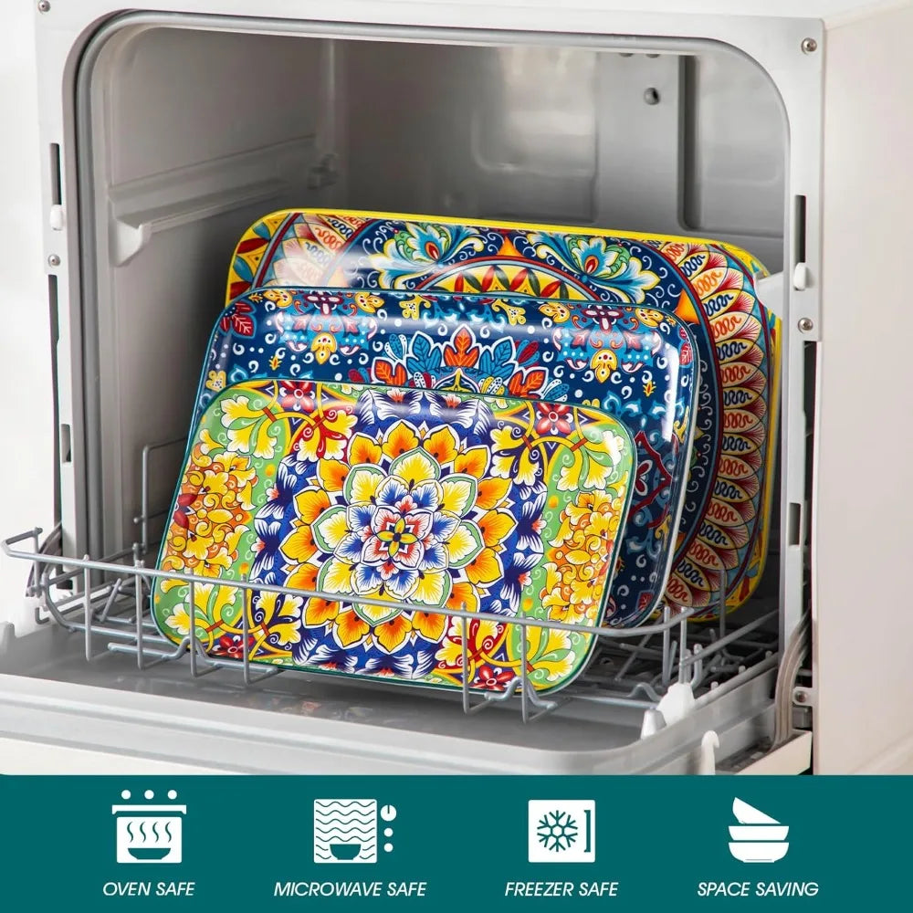 Rectangular Serving Platters Set, 3-Piece, Sizes 16", 14", 12" - Large Bohemian Ceramic Dishes