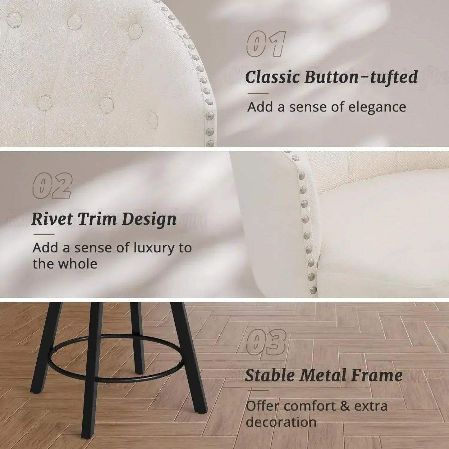 XMSJ.Counter Height Bar Stools Set of 3, 26" Swivel Fabric Upholstered Bar Stools, Retro for Kitchen Island, Dining Room, Pub, B