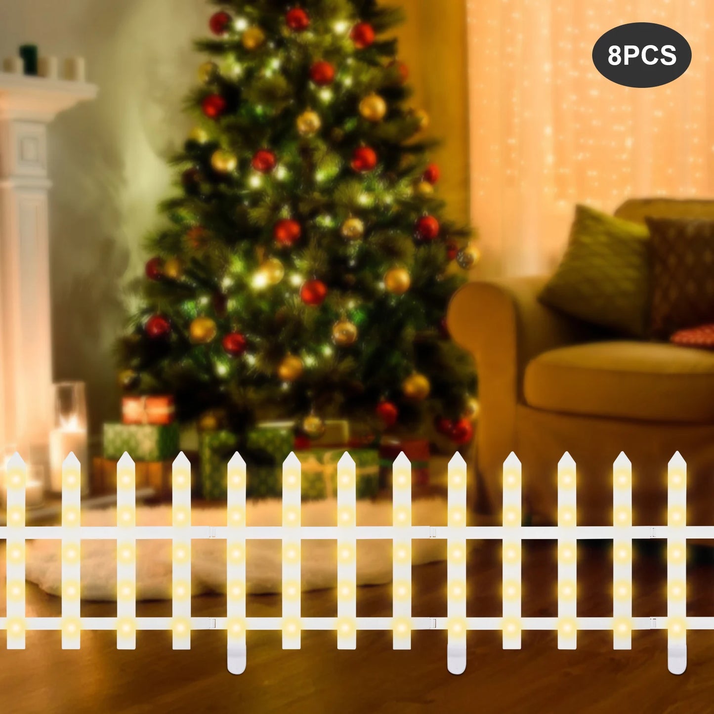 8 PCS Christmas PP Decorations Light,White Christmas Fence Warm Lights Placement Each Panel 38cm for Decoration Christmas Tree