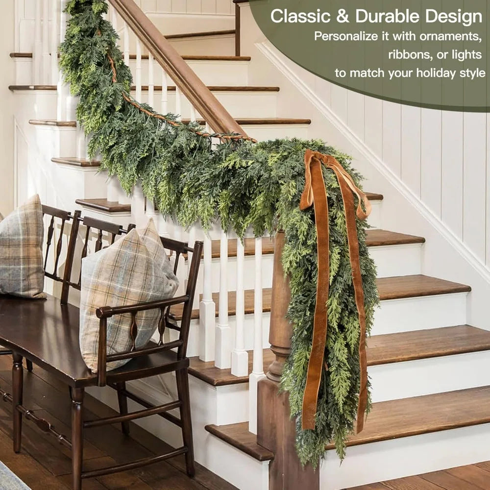 Thick and Soft Real-Touch Faux Cedar Pine Garland for Christmas, Ideal for Mantle, Fireplace, Porch, Outdoor Decorations