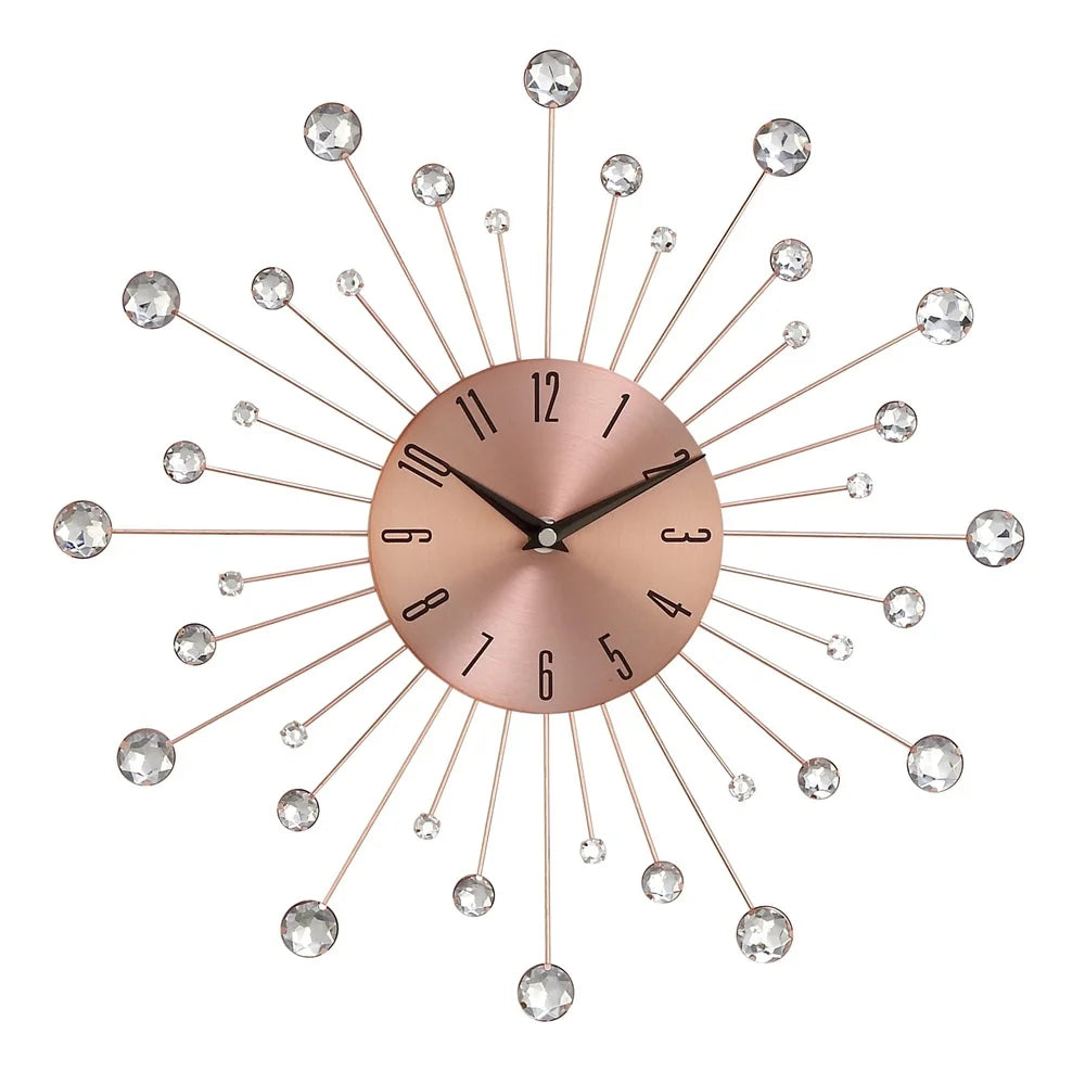 15 Inch Copper Metal Wall Clock with Crystal Accents Silent Mechanism Durable Iron Sunburst Design Gift Home Decor Indoor Use