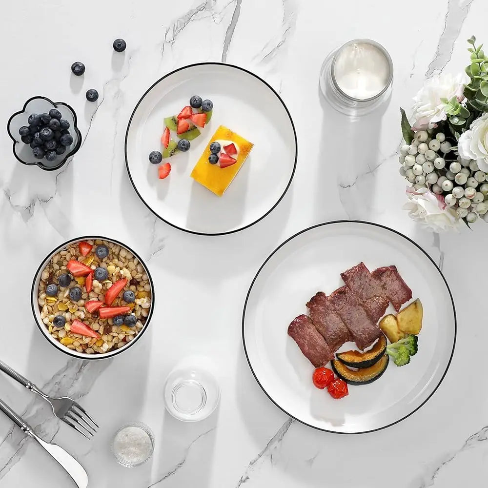 Plates And Bowls Sets, 12 Pieces Modern Porcelain Dinnerware Set For 4 White Kitchen Dinner Dining Ware Set Wtih Bla Rim