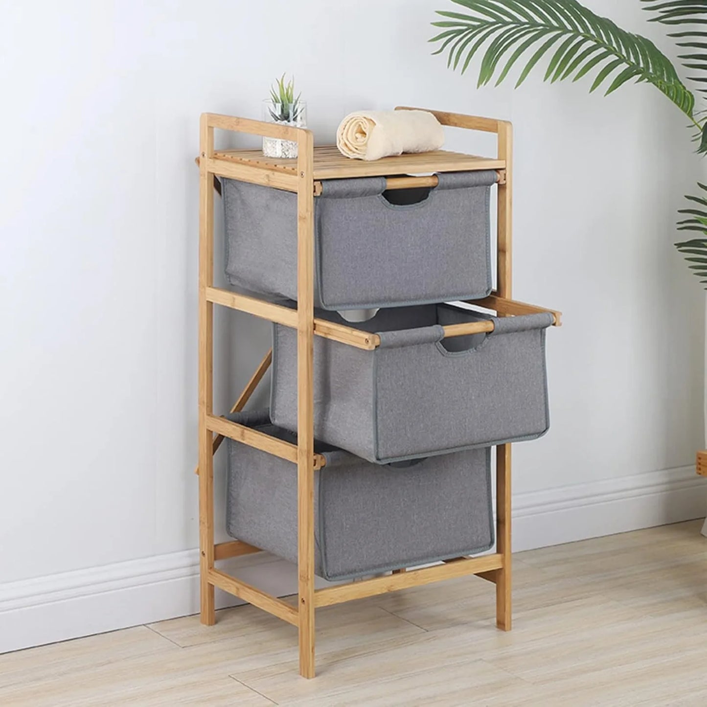 3 Tier Bamboo Laundry Hamper with Shelf, Pull-Out Sorter Basket Freestanding Storage Laundry Shelf for Bathroom Room Bedroom