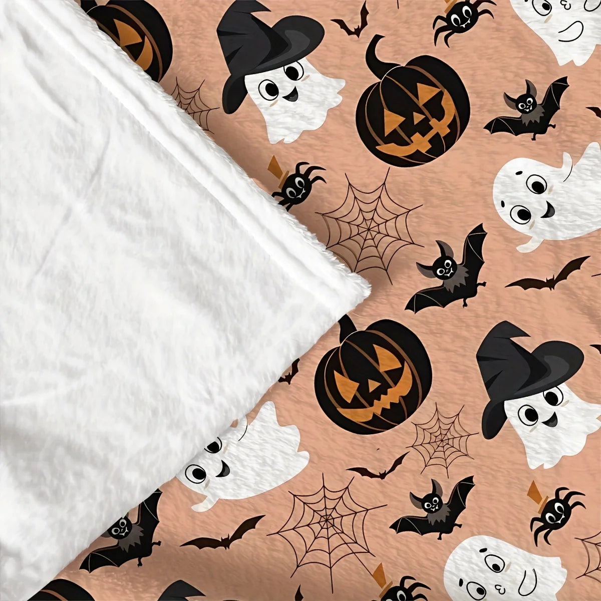 Haunted Halloween Fleece Throw Blanket: Spider Webs Witch's Hat Black Bats and Decorated Pumpkins Print on Soft Flannel Fleece