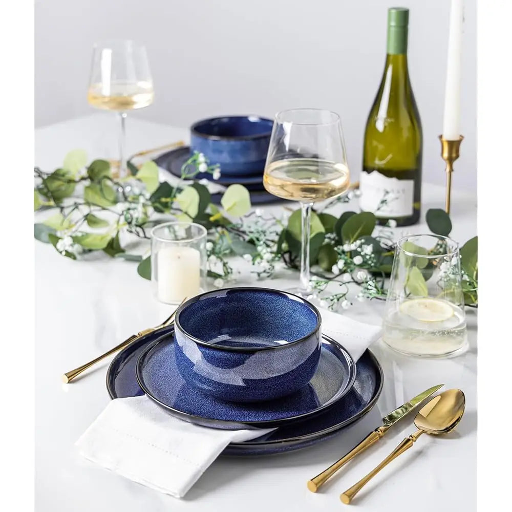 Ceramic Dinnerware Sets For 4, 12 Pieces Handmade Reactive Glaze Plates And Bowls Set, Scratch Resistant Dish Set, Oven &