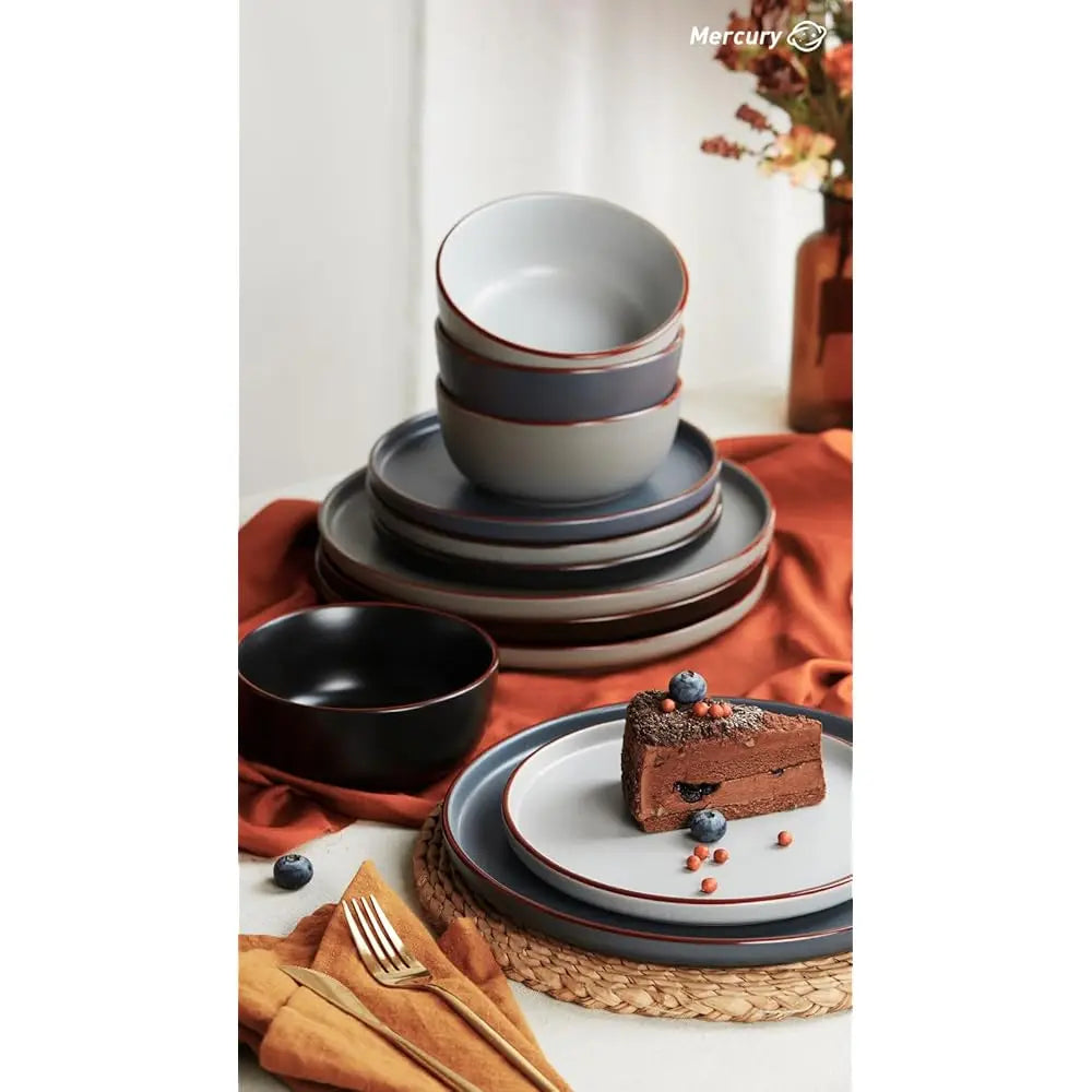 Mercury Plates And Bowls Sets, 12 Pieces Stoneware Dinnerware Sets, Dishes Set For 4, Microwave And Dishwasher Safe,