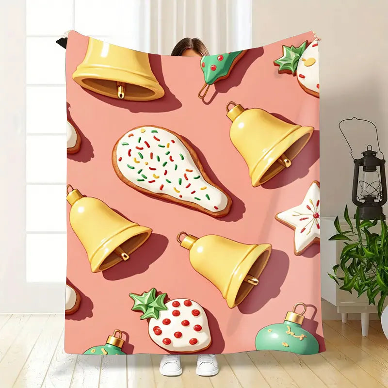 1pc Flannel Blanket "Festive Christmas Bell & Cookie Print Blanket for Cozy Holiday Nights"
