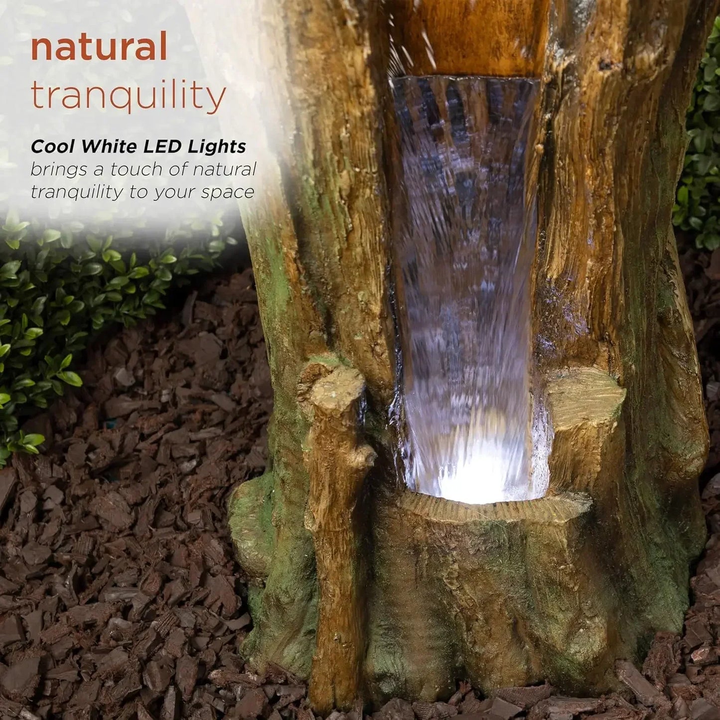 XMSJ.TZL294 Tree Trunk Fountain w/Cool White LED Lights, Waterfall for Garden, Patio, & Lawn, 22" H, Brown
