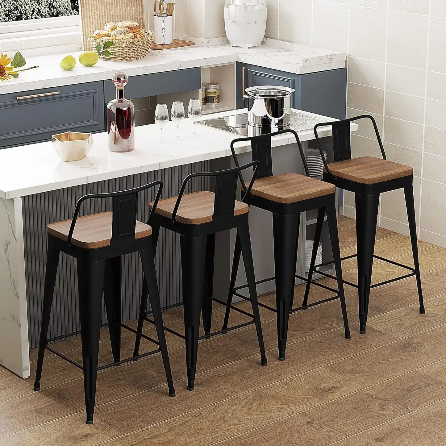 Xmsj.metal Set Of 4 Counter Height Bar Stools stools With Removable Back 26" Kitchen Wooden Seat,