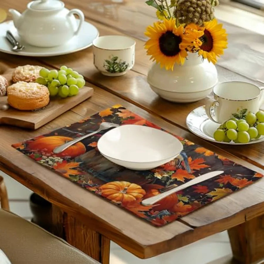 Pumpkin Maple Leaf Bird Fall Placemats Set of 4 Autumn Thanksgiving Seasol Holiday Harvest Linen Table Mats Orange Brown Washab