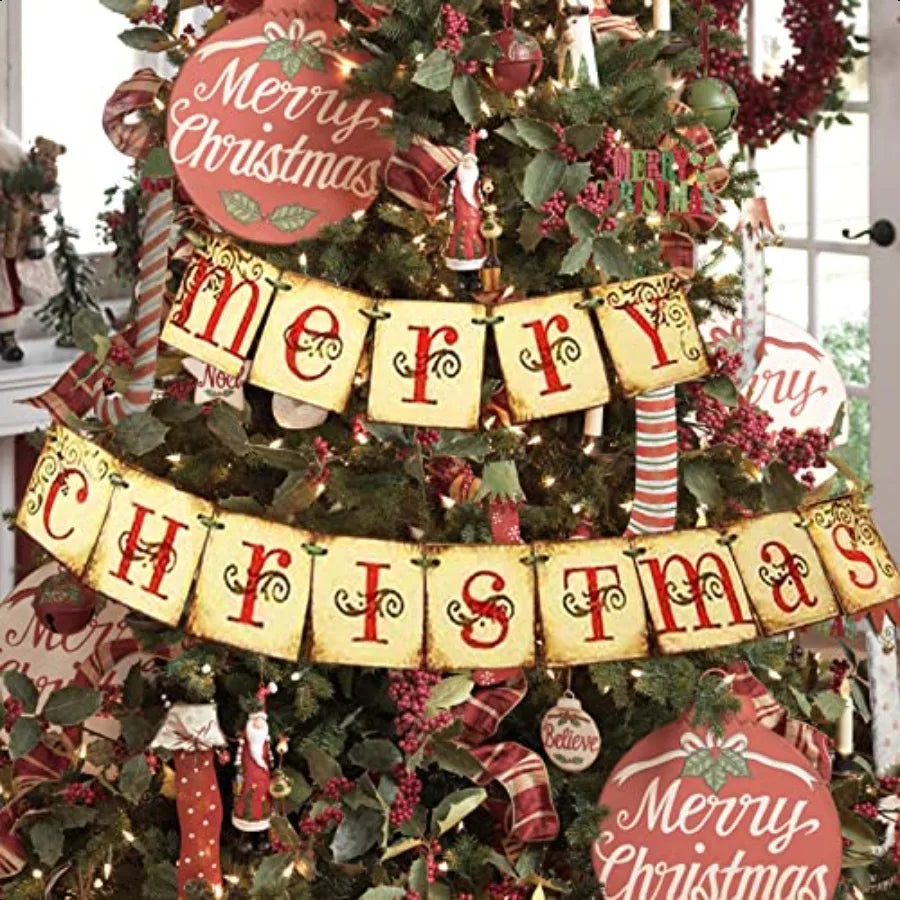 Christmas Decorations Merry Christmas Banner Retro Nostalgic Traditional Old Fashioned Victorian Xmas Holiday Clearance Decor
