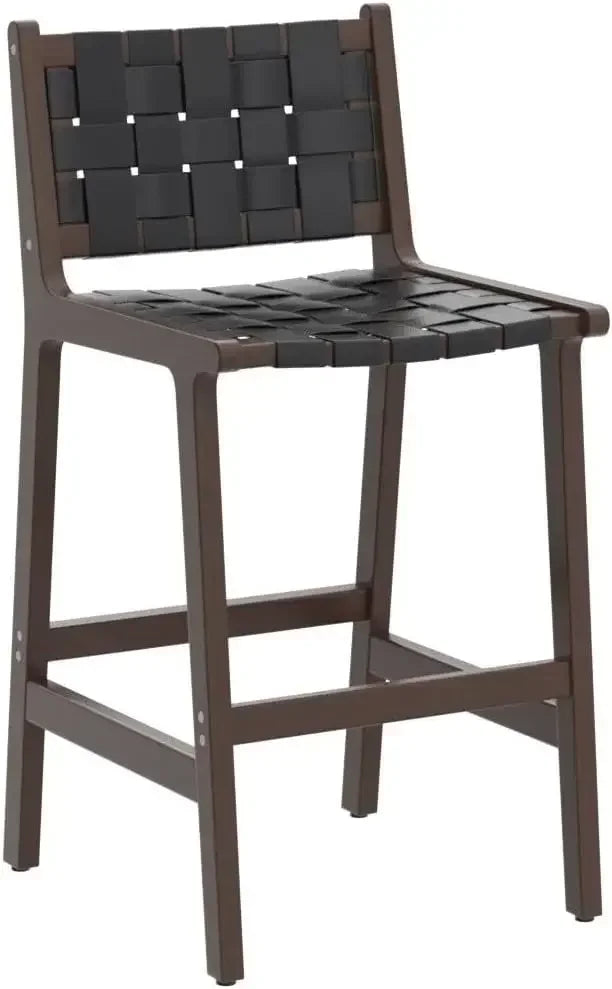 (XMSJ-Hot)Counter Height Bar Stools 24inch, Set of 4 Faux Leather Woven , Woven Strips Rattan Barstools Home Kitchen, Black