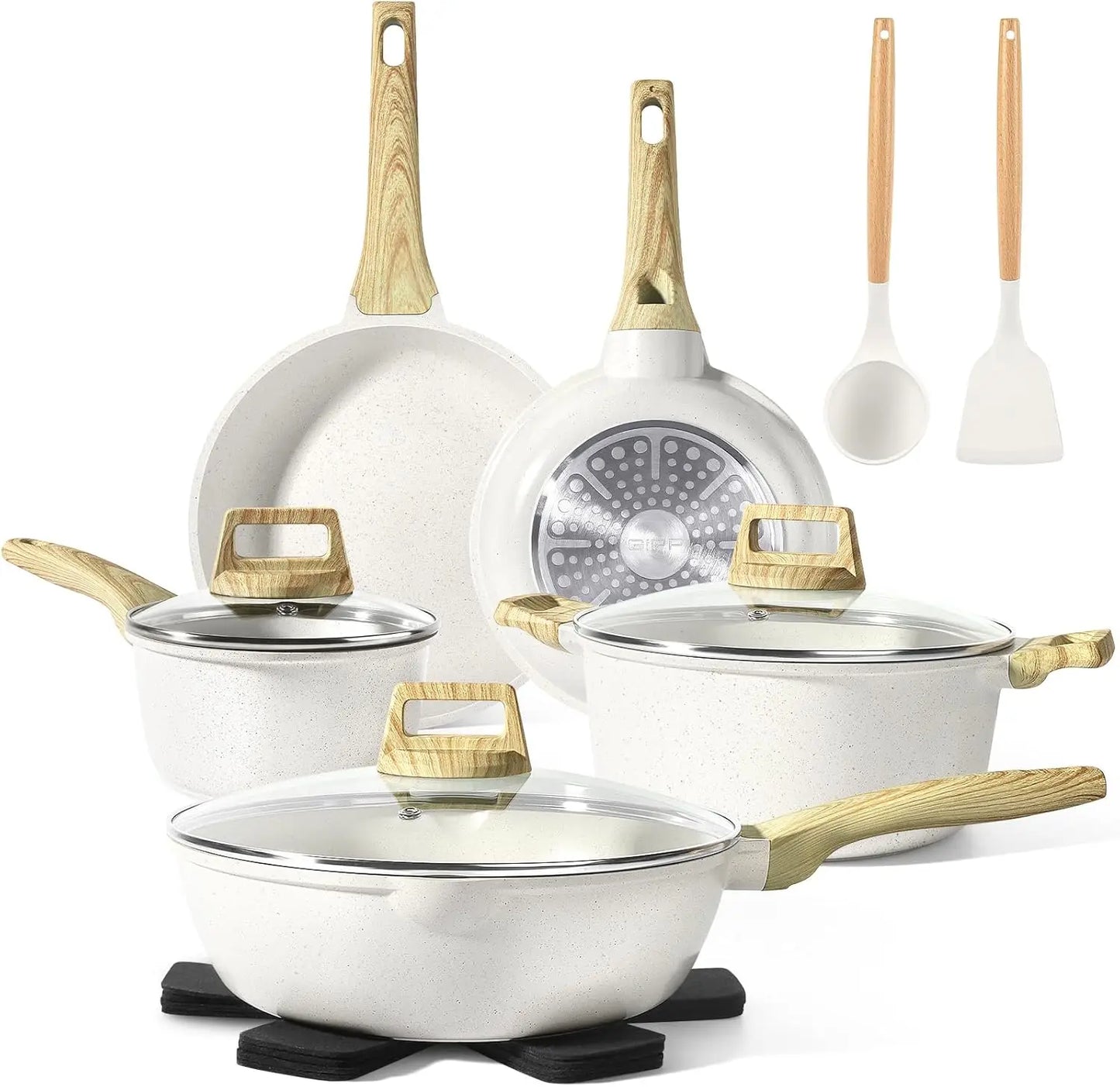 Pots and Pans Set Non Stick - 14 Pcs White Granite Kitchen Cookware Sets Nonstick Induction Cookware Cooking Pan Set ·New