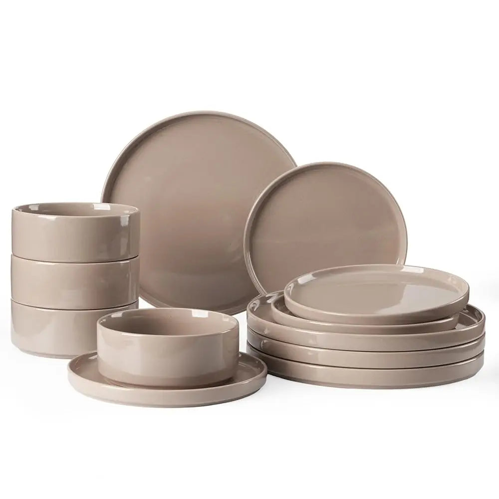 Nebula Plates And Bowls Set, 12 Pieces Dinnerware Sets, Dishes Set For 4, Cinnamon Brown
