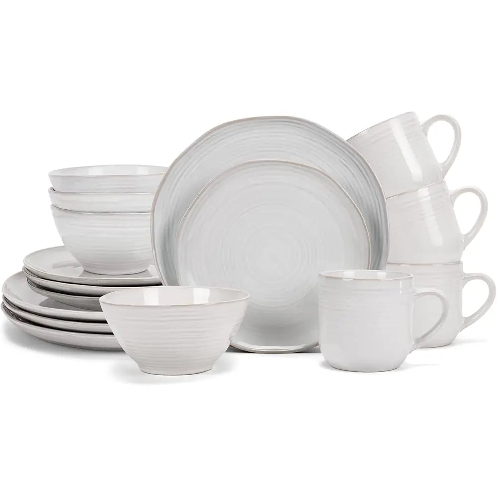Reactive Glaze Farmhouse Rustic Boho Ceramic Stoneware Dinnerware 16 Piece Plate Bowl Mug Dish Set - Service For 4, Classic