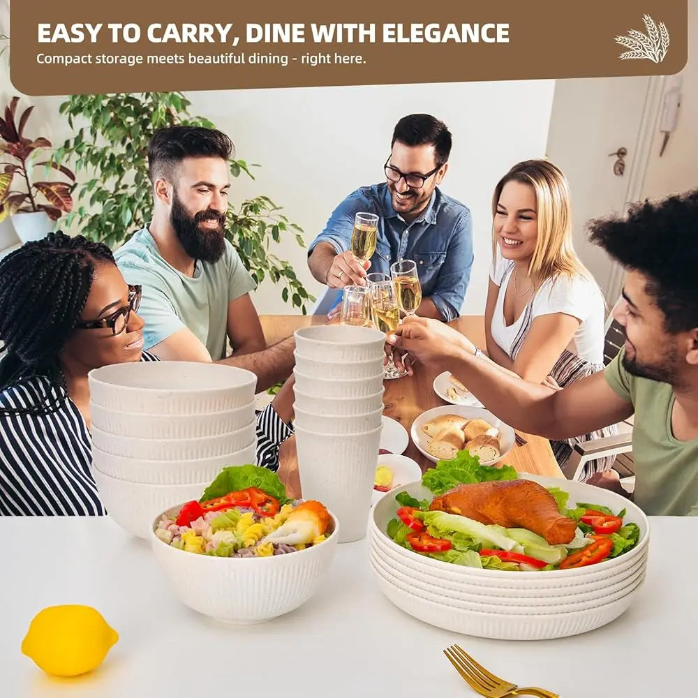 18 Pcs Wheat Straw Dinnerware Sets For 6 - Lightweight & Unbreakable Cups Plates And Bowls Sets Microwave Dinnerware Set For