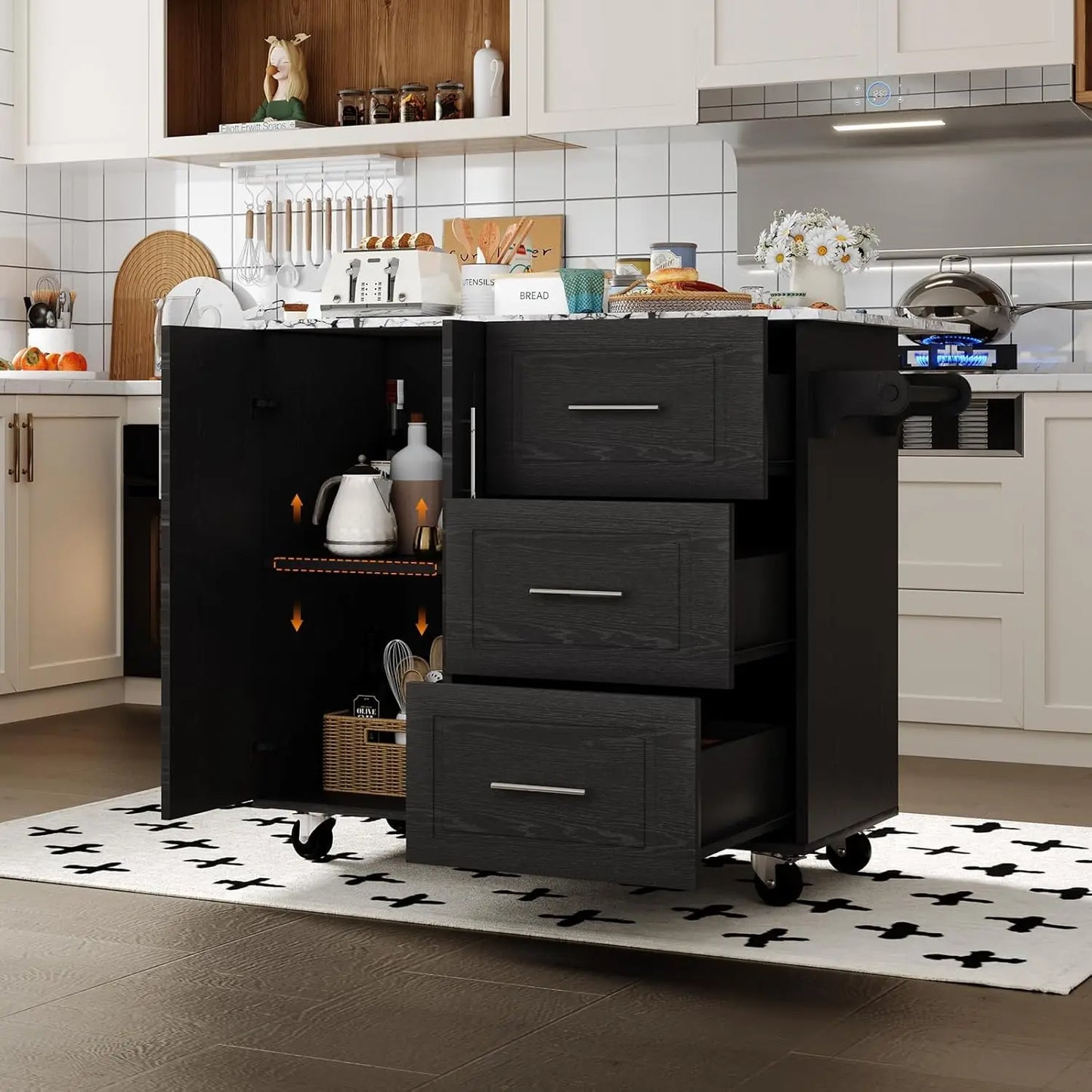 Rolling Island with Storage and Drop Leaf, Marble Tabletop, Kitchen Island on Wheels with Towel Rack & Spice Rack, Portable Isl