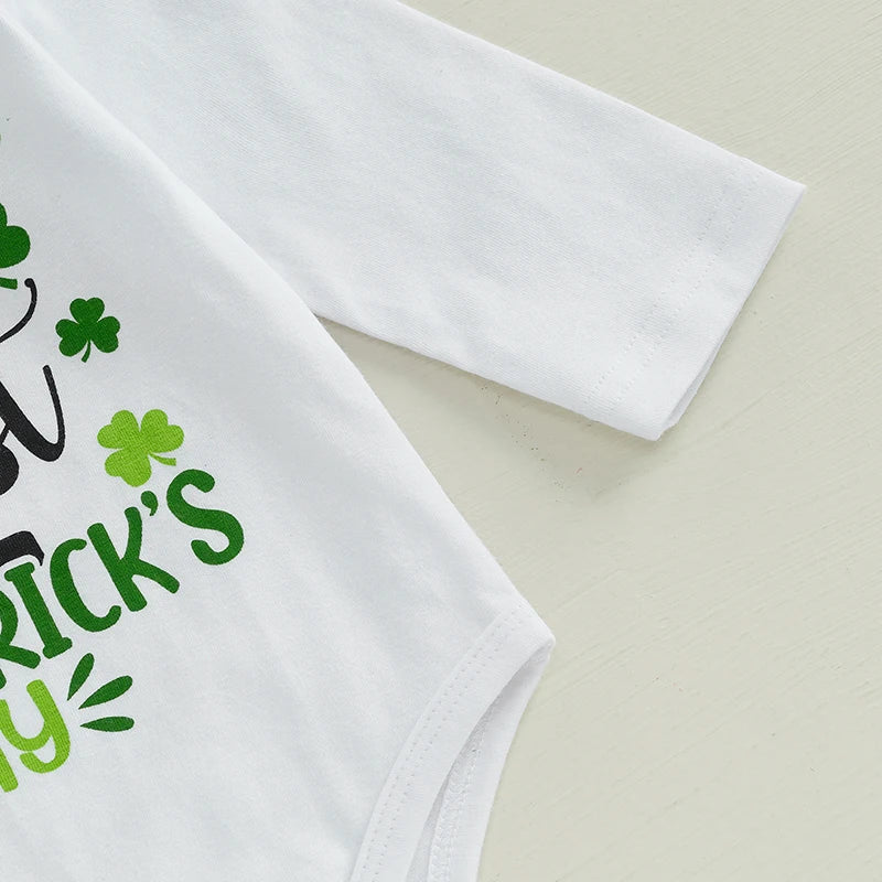 St Patrick s Day Baby Boys Shamrock Print Round Neck Long Sleeve Rompers Long Pants Hat 3Pcs Outfit Set in Ireland Theme